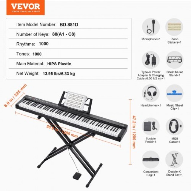 VEVOR Ψηφιακό Πιάνο 88 Πλήκτρων με Βάση  88JBPZSMGQ88N6BDSV2
