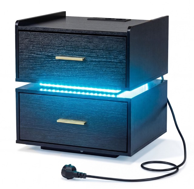 Costway Μοντέρνο κομοδίνο LED με σταθμό φόρτισης, 2 συρτάρια και μεταλλικό πόδι, μαύρο, 48 x 40 x 45 cm HU11279DE-DK