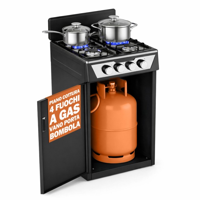 BAKAJI Εξωτερική Μαύρη Εστία Αερίου 4 Καυστήρων με Προστατευτικό Ανέμου και Θήκη Φιάλης 02001678