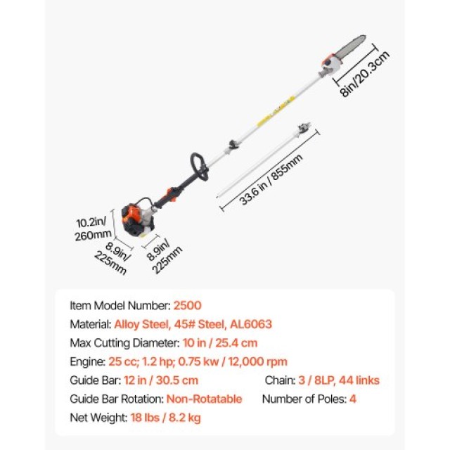 VEVOR Ασύρματο Κλαδευτικό Αλυσοπρίονο 25CC 2-Χρόνο με 8in Λάμα Κοπής ECCYJCS8INCH86J0A002V0