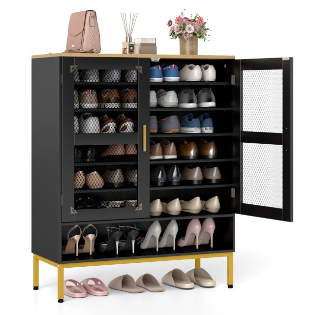 Costway Ξύλινη Παπουτσοθήκη με Συρμάτινες Πόρτες & Ρυθμιζόμενα Ράφια & Μεταλλικά Πόδια σε Μαύρο Χρώμα  106 x 80 x 37 εκ. HU11183BK