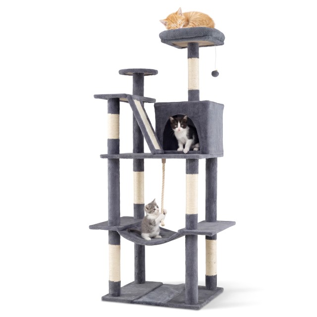 Costway Πολυεπίπεδο ονυχοδρόμιο γάτας 158 εκ. με πλατφόρμα, σπηλιά, αιώρα και στύλους σιζάλ, για γατάκια, σκούρο γκρι, 158 x 48 x 60 cm PV10464SH