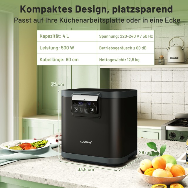 Costway Ηλεκτρικός Κομποστοποιητής Κουζίνας 4L με Φίλτρα Ενεργού Άνθρακα & LED Οθόνη - Μαύρος ES10482DE-BK
