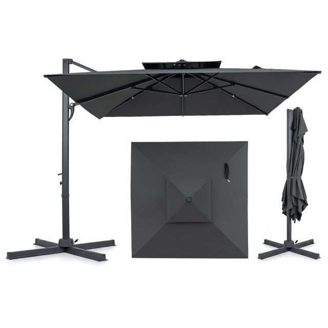 Costway Κρεμαστή τετράγωνη ομπρέλα κήπου 300 x 300 cm με ποδοπεντάλ και μανιβέλα, περιστρεφόμενη 360°, γκρι NP13287GR