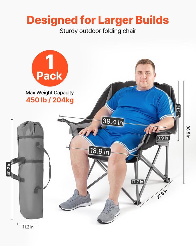 VEVOR Υπερμεγέθη Καρέκλα Κατασκήνωσης 204kg, Βαρέως Τύπου, Φορητή Πτυσσόμενη με Θήκες για Ποτήρια & Κρασί, Μαύρο & Γκρι HWZDYXDXYLYSOKSV5001V0