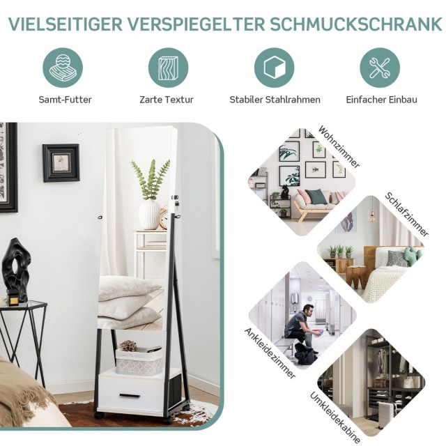 Costway  Πολυλειτουργική Ντουλάπα Κοσμημάτων με Καθρέφτη και Ρόδες JV10221WH