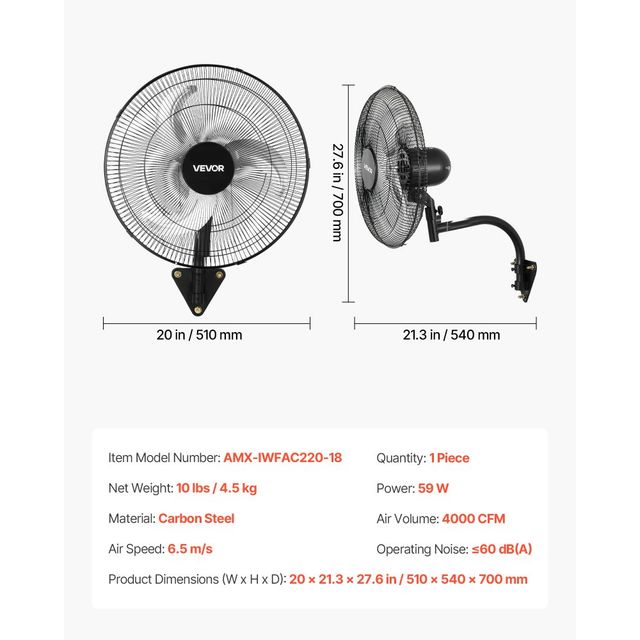 VEVOR Επιτοίχιος Ανεμιστήρας 457 mm, Περιστρεφόμενος, 3 Ταχυτήτων, Μαύρος GYBGFSDD18INJ5FTK001V2