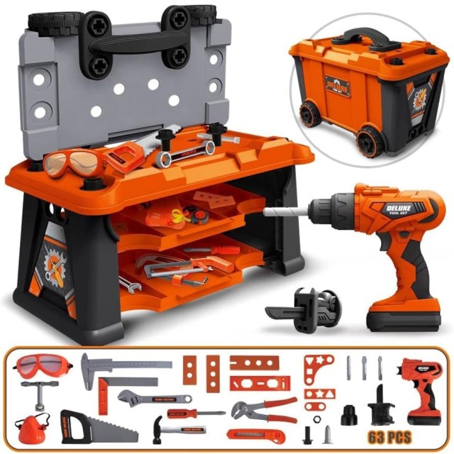 BAKAJI Παιδικός Πάγκος Εργαλείων 2 σε 1, 65 Τεμάχια, Βαλιτσάκι με Ηλεκτρικό Τρυπάνι, Ιδέα Δώρου 02842718