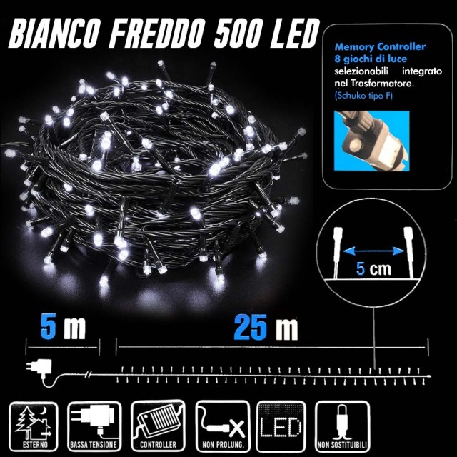BAKAJI  Αλυσίδα Φωτεινή 500 Φώτα LED Πυγολαμπίδες Ψυχρό Λευκό Ελεγκτής 8 Λειτουργίες Εξωτερικού Χώρου  02825702