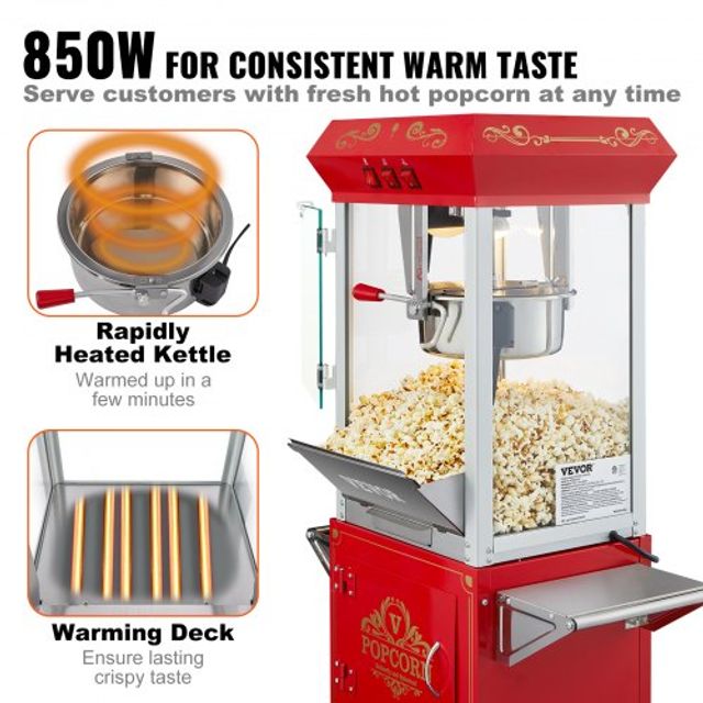 VEVOR Μηχανή Ποπκόρν με Καρότσι 850W 8 Oz 48 Κούπες Κόκκινη CSBMHJ8OZ850W171EV2