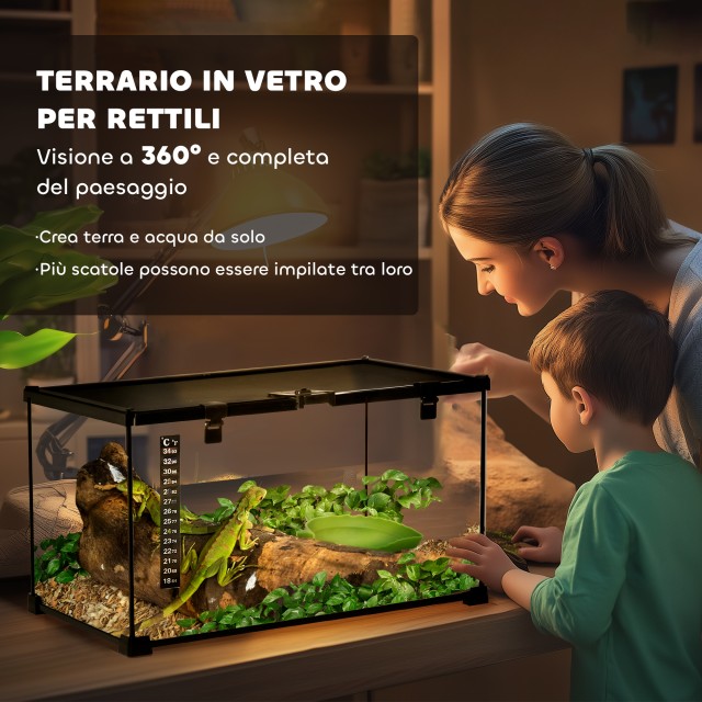 Γυάλινο Ενυδρείο για Ερπετά / Terrarium με Κλειδαριά και Θερμόμετρο με Μεταλλικό Πλέγμα 50x30x25cm - Μαύρο D40-015V01 PawHut