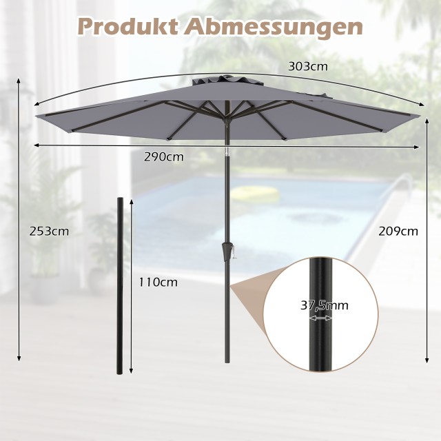 Costway Γκρι Τετράμετρος Τέντας Κήπου με Μηχανισμό και Κλίση 25° NP12259HS