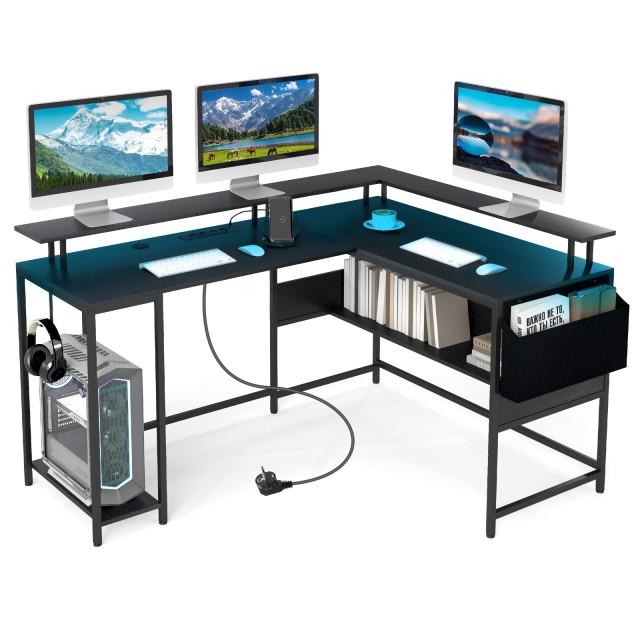 Costway Γραφείο Gaming Σχήματος L με LED Φωτισμό & Πρίζες Υπολογιστή με Βάση Οθόνης, Μαύρο CB10595DE-DK+