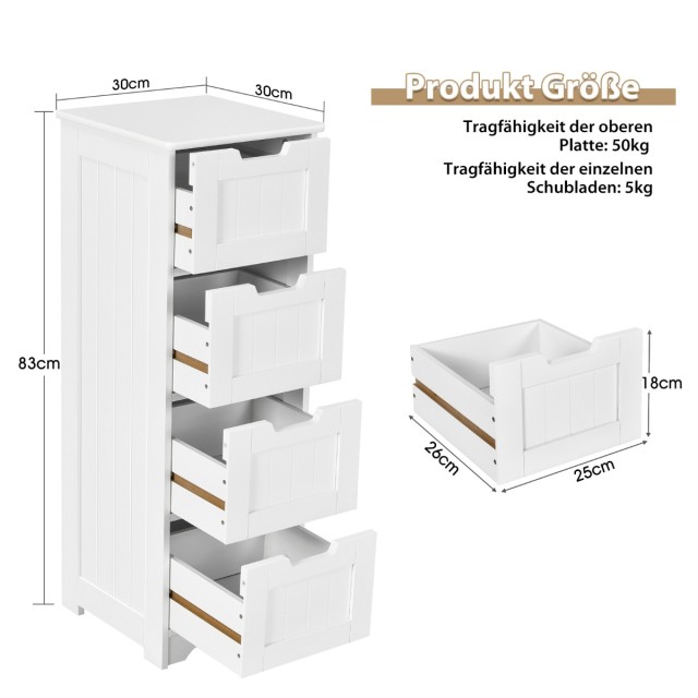 Costway Λευκή Ντουλάπα Μπάνιου με 4 Συρτάρια 30 x 30 x 83 εκ. HW67505WH