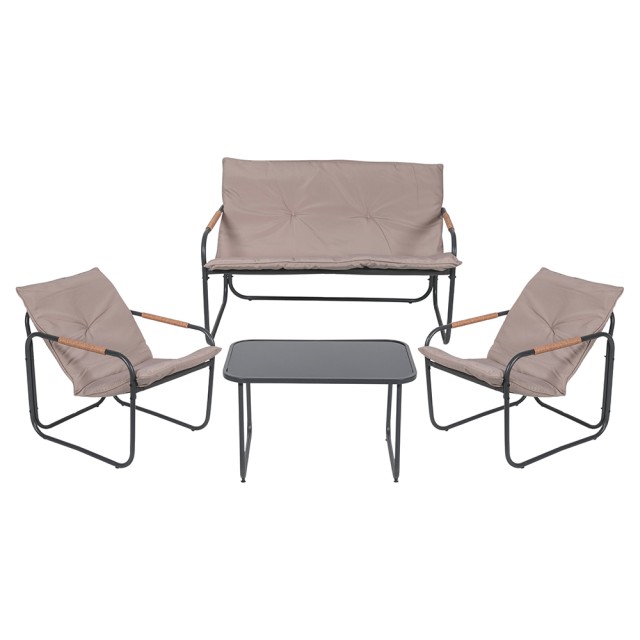 Galileo Σετ κήπου 4 θέσεων από ανθρακούχο ατσάλι, τραπεζάκι με γυάλινη επιφάνεια, μαξιλάρια με μαύρη και γκρι απόχρωση Cannes Est 2188450