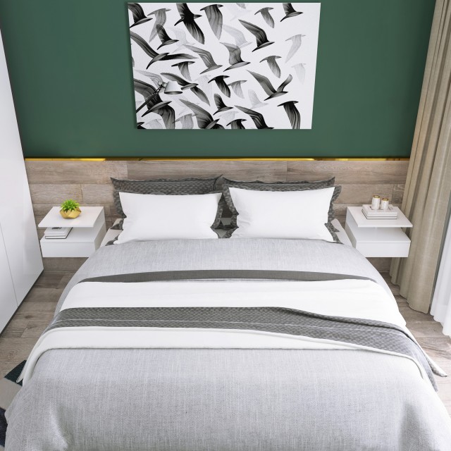 HOMCOM Σετ 2 Κρεμαστά κομοδίνα για Υπνοδωμάτιο με Συρτάρι και Ξύλινο Πάνω Ράφι 35x32x22,5cm, Λευκό 831-338