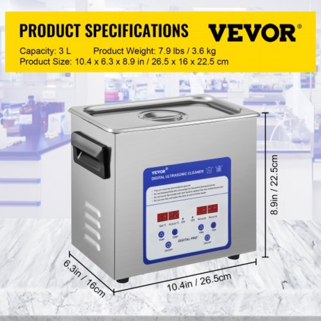 VEVOR Ψηφιακός Υπερηχητικός Καθαριστής 3L με Θερμαντήρα & Χρονοδιακόπτη για Κοσμήματα, Γυαλιά, Ρολόγια  Q3.2L316-220VKR71V2