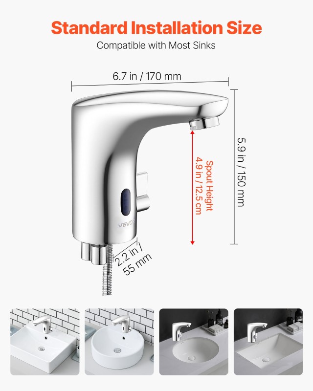 VEVOR Αυτόματη Αισθητήρας Βρύση Μπάνιου - Χωρίς Αφή, Χρώμιο, 6.7 x 2.2 x 5.9 εκ. DLTLRXSBZDYTKPRAP002V9