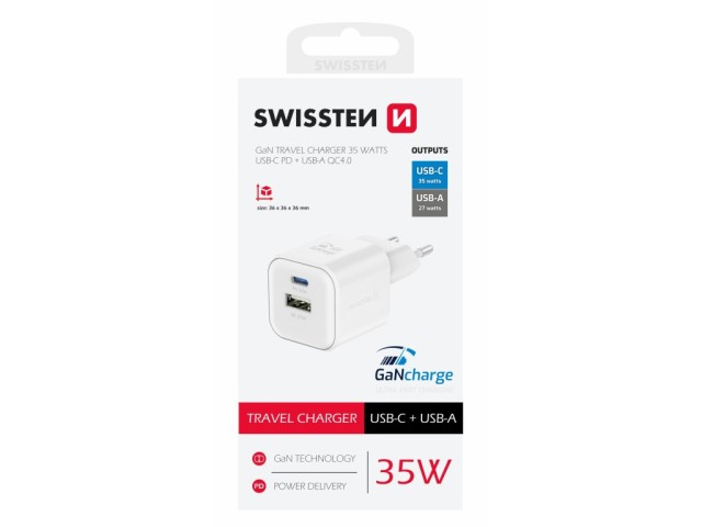 SWISSTEN Γρήγορος Φορτιστής GaN: 1x USB-C 35W PD και 1x USB-A 27W QC Μαύρο 8595217484498
