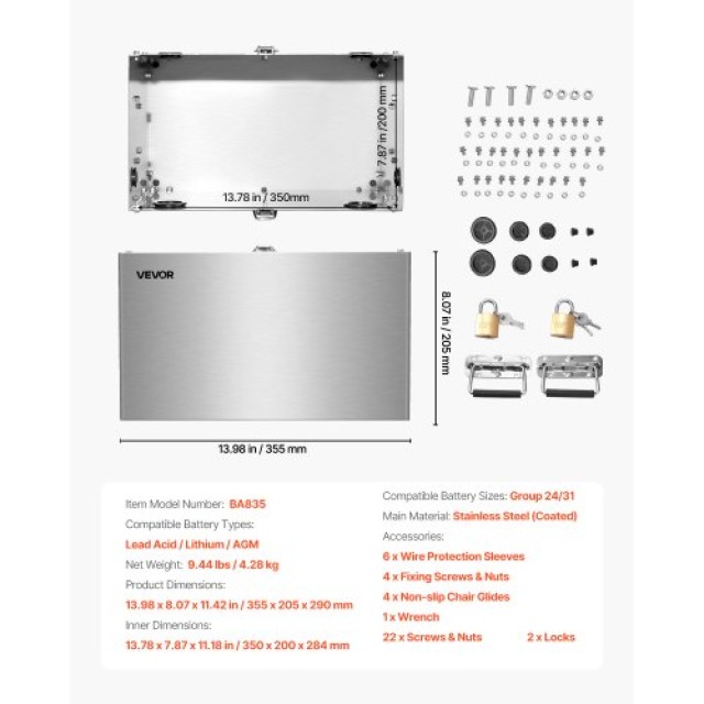 VEVOR Κουτί Μπαταρίας για Οχήματα & Κινητήρες Τράτας (Ανοξείδωτος Χάλυβας) DCHJSDCH24278S2YB001V0