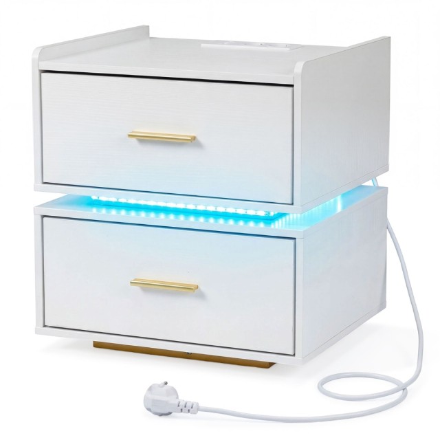 Costway Κομοδίνο με σταθμό φόρτισης, LED και 2 συρτάρια, μοντέρνο, ημιαιωρούμενο, με μεταλλική βάση, λευκό, 48 x 40 x 45 cm HU11279DE-WH