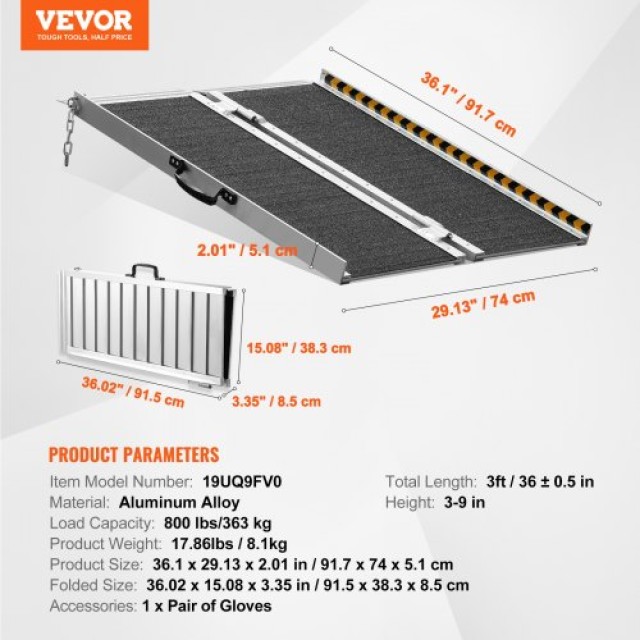 Φορητή Ράμπα Αμαξιδίου VEVOR, 3 ft, 800 lbs, Αντιολισθητική Αλουμινίου, Πτυσσόμενη για Σκάλες & Πόρτες  ZDKMJPD36YC19UQ9FV0