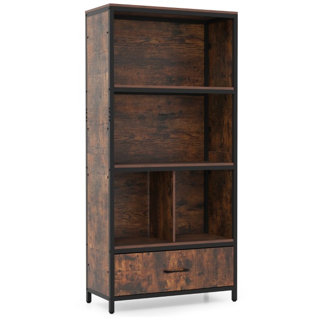 Costway Βιβλιοθήκη 4 Επιπέδων με Ανοιχτά Ράφια και Υφασμάτινο Συρτάρι, Καφέ, 151,5 x 68 x 30 cm JV13651CF