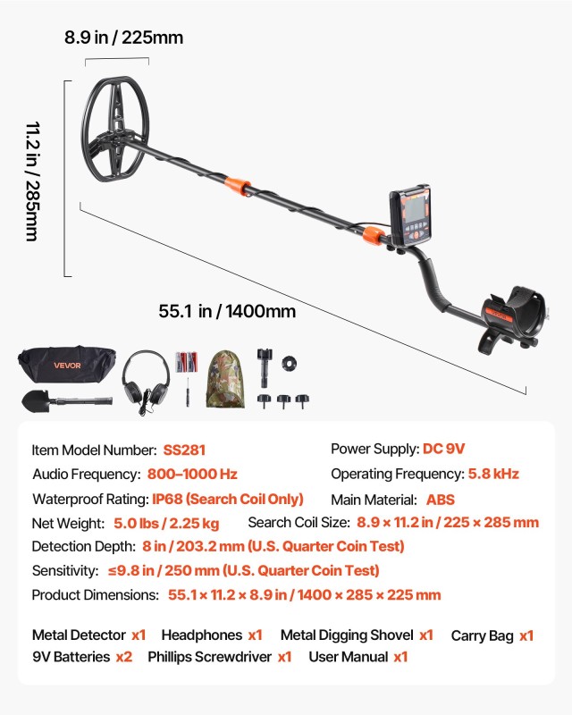 VEVOR Ανιχνευτής Μετάλλων Ενηλίκων 254mm, Υψηλής Ακρίβειας Χρυσός Ανιχνευτής, Αδιάβροχο Πηνίο IP68 με Οθόνη, Ακουστικά, 5 Λειτουργίες, Ρυθμιζόμενο Μήκος DPJSTCQJB10ID7GHN001V9