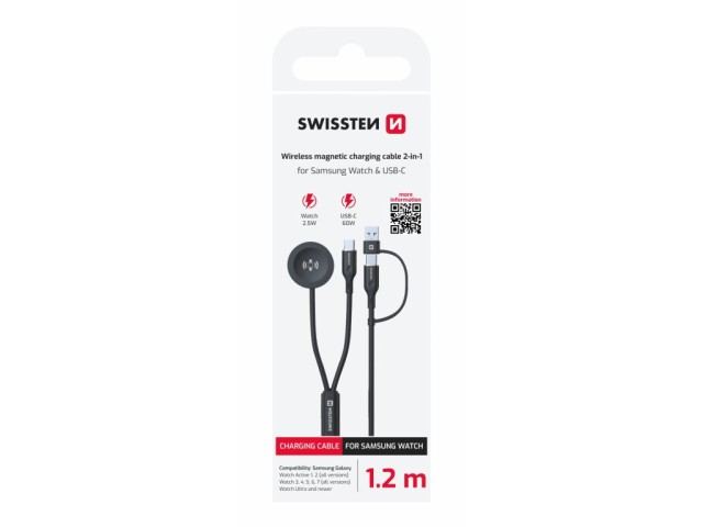 SWISSTEN Μαγνητικό Καλώδιο 2 σε 1 για Samsung Galaxy Watch και USB-C, USB-C (USB-A), 1,5 μ, μαύρο 8595217493247