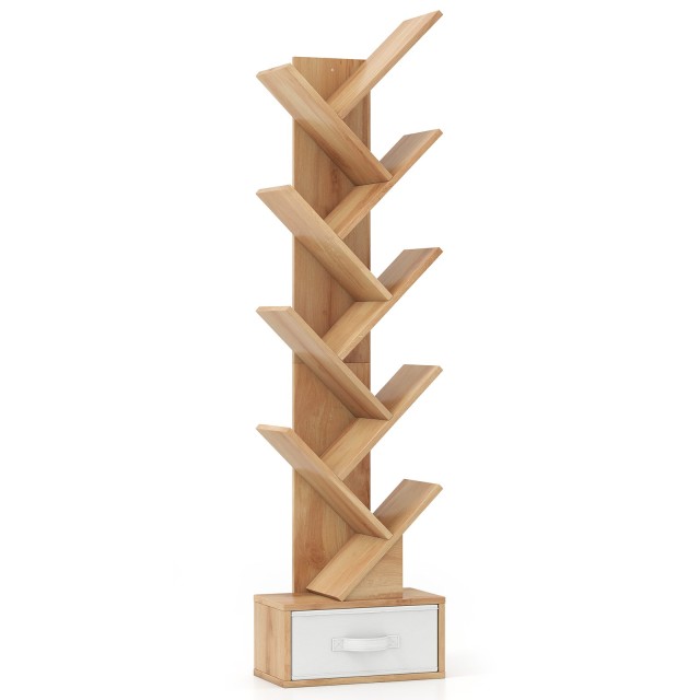 Ξύλινη Βιβλιοθήκη 10 Επιπέδων με Συρτάρι 38 x 21,5 x 149,5 cm Φυσικού Χρώματος CB10372MS Costway