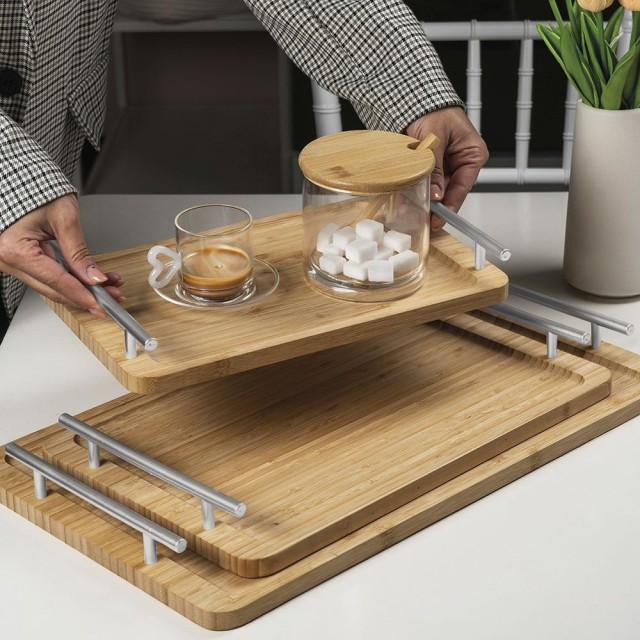 Villa DEste  Ορθογώνιος δίσκος 40x25 εκ από μπαμπού με ασημί λαβές Natural 2188474