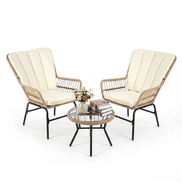 Costway Σετ Μπιτρό 3 Τεμαχίων από PE Ρατάν - Έπιπλα Κήπου με Μαξιλάρια, Περιλαμβάνει 2 Καρέκλες & Τραπέζι με Σκλήρυνση Γυαλιού, Χρώμα Μπεζ NP12761BE