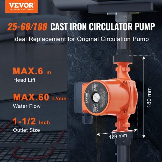 VEVOR Αντλία Κυκλοφορίας Ζεστού Νερού 220V 92W, 60 L/min, 6m, 1-1/2, 2°C-110°C, Χαμηλού Θορύβου LWKBZPBB6M605Q93VV2