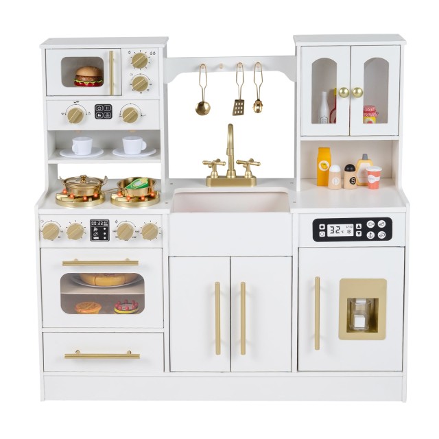Costway Ξύλινη παιδική κουζίνα με εστία, νεροχύτη, φως, ήχους και αξεσουάρ, λευκή, 90 x 31 x 92 cm TP10290SL