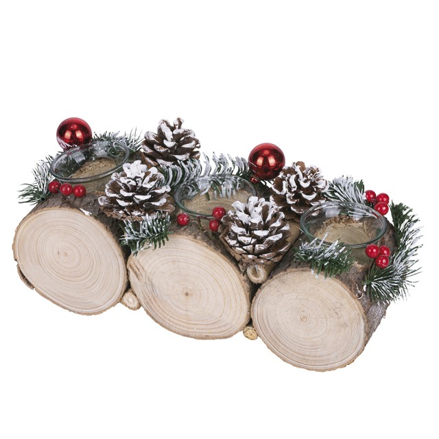 Galileo Χριστουγεννιάτικη βάση κεριών από ξύλο λεύκας με 3 φλόγες, διακόσμηση με κουκουνάρια Santas House 5916741