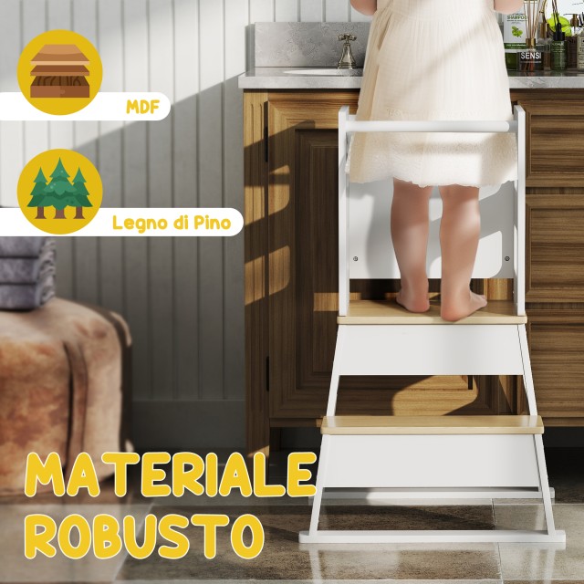 AIYAPLAY Πύργος Μοντεσσόρι για Παιδιά με Πίνακα και Κάγκελο, από Ξύλο, 55x52.5x87.5 εκ., Λευκό και Ξύλινο Χρώμα 315-002V80WT