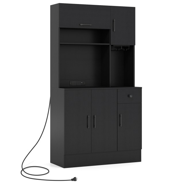 Costway  Ντουλάπα Αποθήκευσης 90 x 39 x 167 cm. με ανωθήκη και πρίζες, μαύρο ντουλάπι κουζίνας με θήκη για ποτήρια κρασιού JZ10408DE-DK+