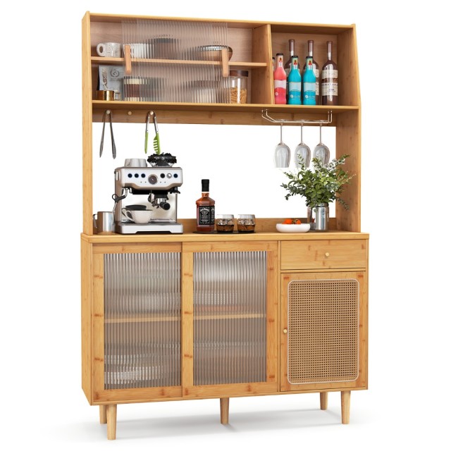 Costway Πολυλειτουργικό Ντουλάπι Κουζίνας  120 x 35 x 175 cm από Μπαμπού με Ρατάν Πόρτα και Αντιολισθητικά Πόδια KC55874NA+