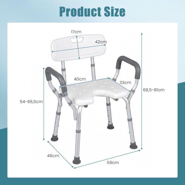 Costway Αλουμινένια καρέκλα ντους 6 θέσεων ρύθμισης ύψους με μπράτσα και πλάτη, ασημί, 80 x 48,5 x 57 cm BA8413SL