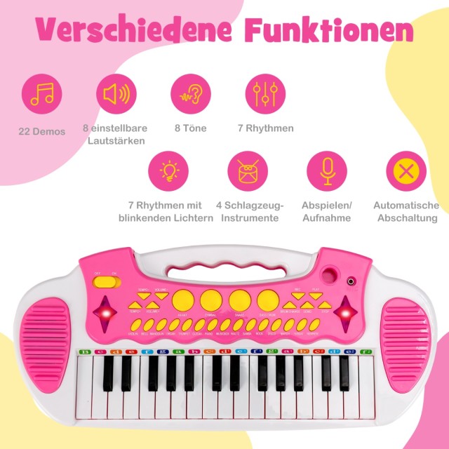 Costway Παιδικό Ηλεκτρονικό Πληκτρολόγιο 31 Πλήκτρων με Σκαμπό & Μικρόφωνο για Παιδιά από 3 Ετών Ροζ TM10021PI