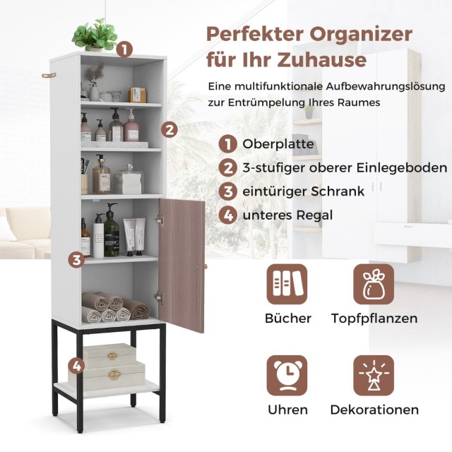 Costway Λευκή Λεπτή Ελεύθερη Στήλη Μπάνιου 6 Επιπέδων με Πόρτα 38 x 30 x 146 cm JZ10271WH