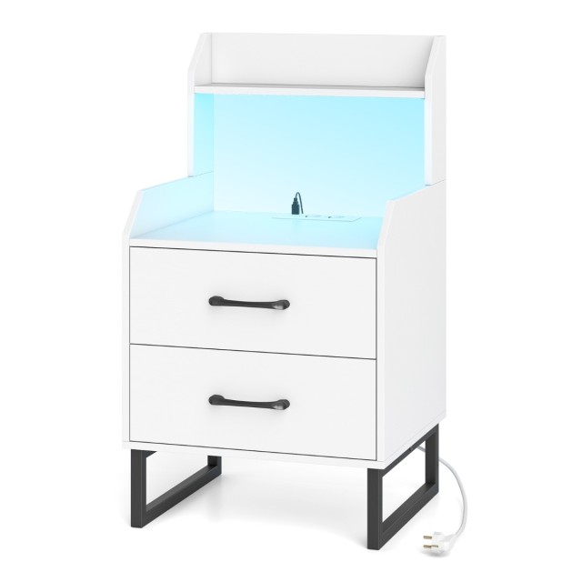 Costway Λευκό Κομοδίνο 80 x 40 x 45 cm με Ενσωματωμένη Φόρτιση, LED Φωτισμό & 2 Συρτάρια ς HU11227DE-WH