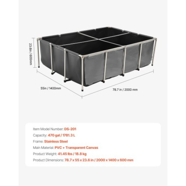 VEVOR Φορητή Πισίνα Ψαριών με Καμβά 470 Γαλόνια - Πάνελ Διαφάνειας DSYCHSDTMC21LEAON002V0