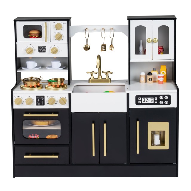 Costway Ξύλινη παιδική κουζίνα με εστία, νεροχύτη, φως, ήχο και αξεσουάρ, μαύρη, 90 x 31 x 92 cm TP10290DK
