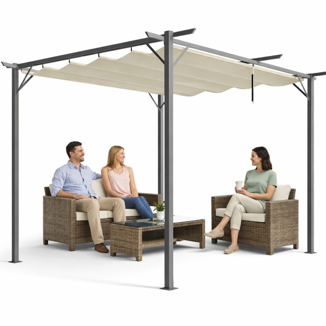 BAKAJI Πέργκολα Κιόσκι Κήπου 3x3 Μέτρα Μπεζ, Αντιηλιακή και Αδιάβροχη, με Αναδιπλούμενη Οροφή 02002167