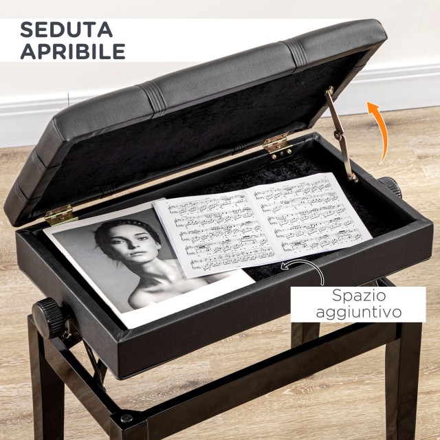 HOMCOM Σκαμπό για Πιάνο με Ρυθμιζόμενο Ύψος και Ξύλινο Αποθηκευτικό Χώρο και Τεχνητό Δέρμα 63x35x46-56cm Μαύρο F12-010V00BK