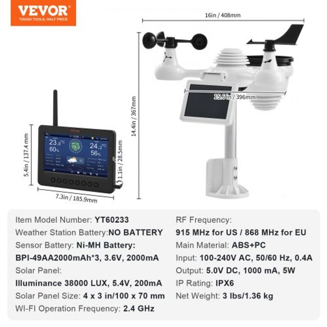 VEVOR 7-σε-1 Wi-Fi Μετεωρολογικός Σταθμός με Ασύρματο Αισθητήρα Εξωτερικού Χώρου TYN70TFTWIFI71ZZTV2