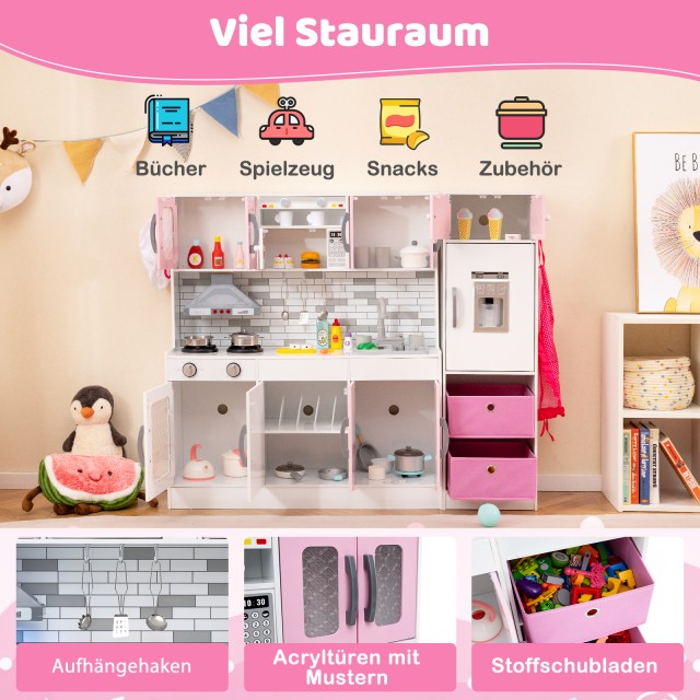 Costway Μεγάλο Ροζ Μοντέρνο Ξύλινο Κουζινικό Σετ με Φως & Ήχο και Ψυγείο TP10298PI