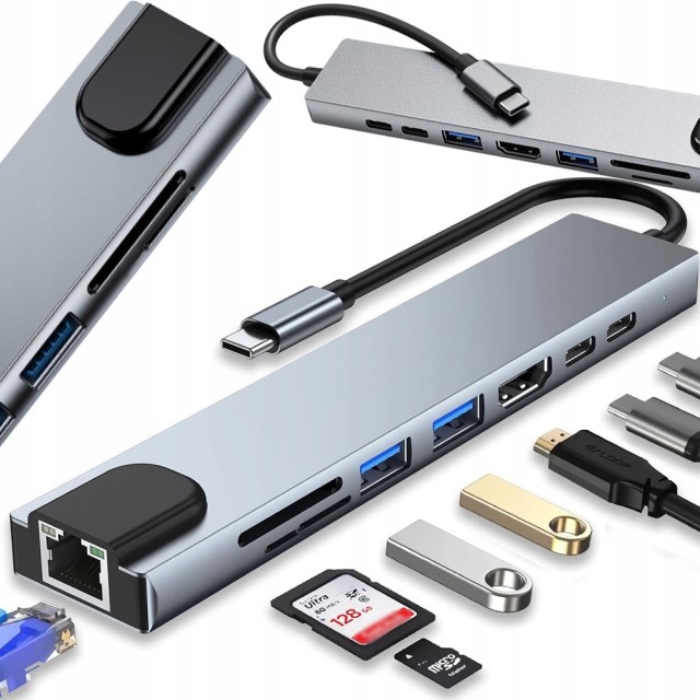 Verk Group USB-C Hub 8 σε 1 με HDMI 4K/60Hz, 2x USB-A 3.0, 2x USB-C, RJ45, SD/microSD, PD 100W Thunderbolt 3 5907451369791