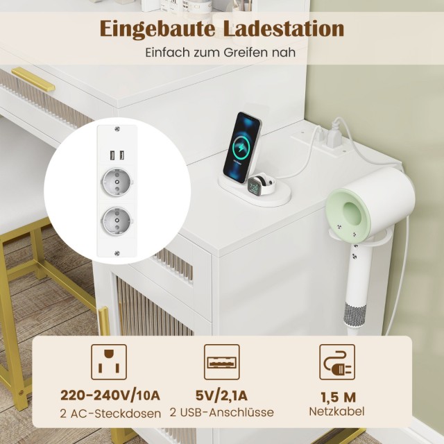 Costway Σετ Τουαλέτας Μακιγιάζ με Ενσωματωμένο Σταθμό Φόρτισης και LED Καθρέφτη 112 x 39.5 x 145 cm HU10854DE-WH+